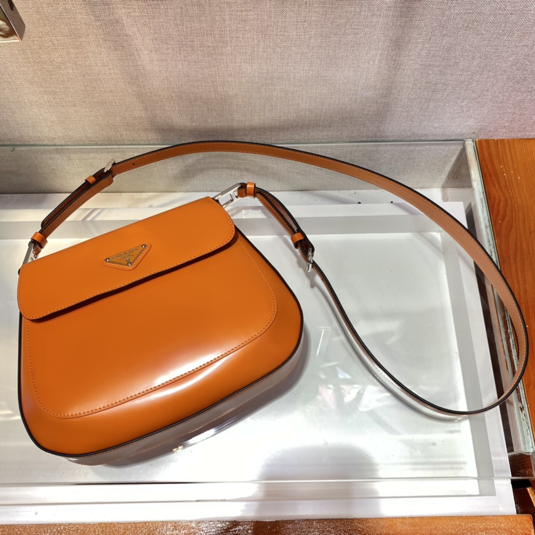 Prada Cleo Brushed Leather Shoulder Bag With Flap Orange 1BD303